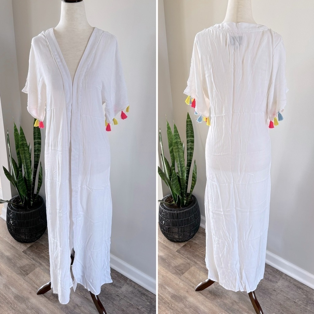 Kos Resort Gauze Full-Length Open Coverup with Tassels